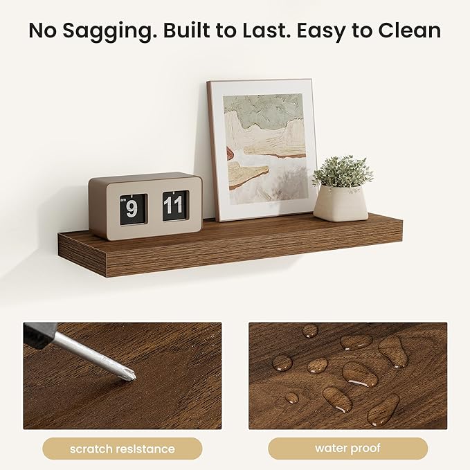 Fun Memories Rustic Wood Floating Shelves for Wall, Space-Saving Wall Mounted Shelves for Bathroom, Bedroom, Living Room and Kitchen, Stylish Storage & Display (Set of 2, Walnut, 24 in)