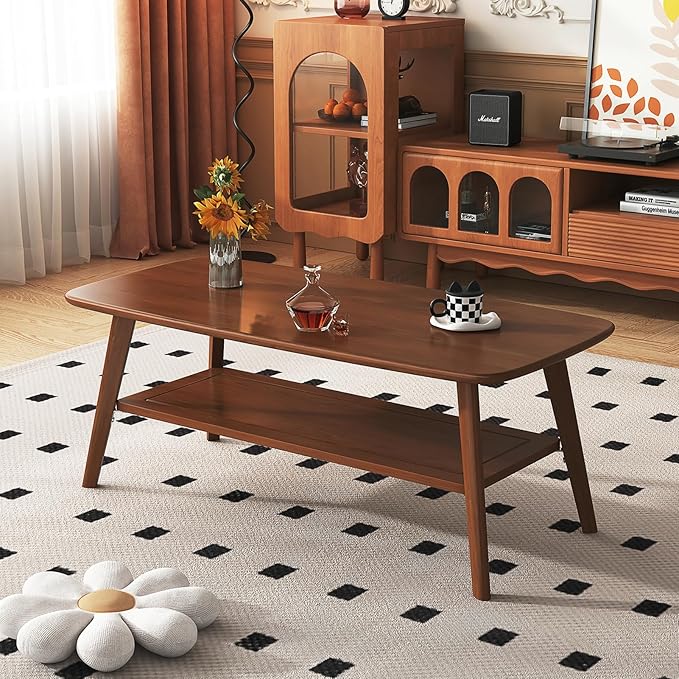 Coffee Table Small Solid Wood Center Table Mid Century Vintage Living Room Coffee Table, Walnut 47.24 Inch