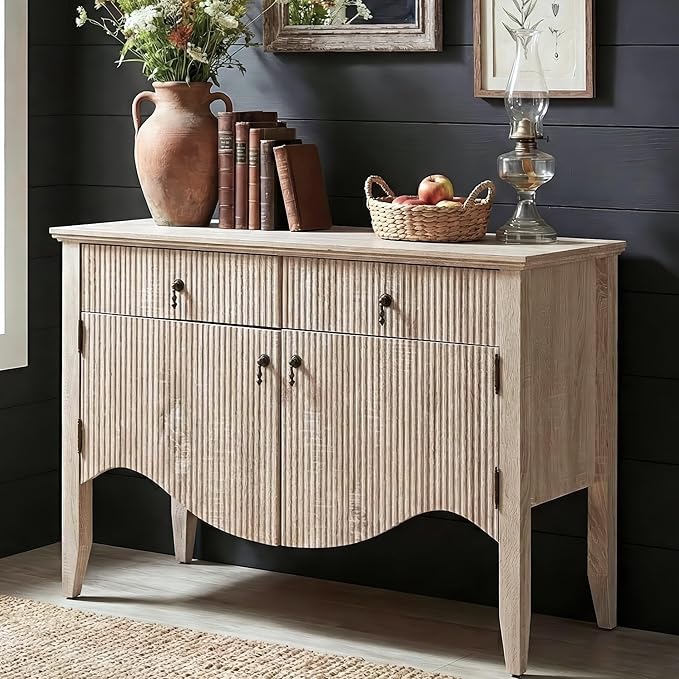 FUSUNBAO Retro Buffet Cabinet with Storage, Fluted Sideboard Credenza with Drawer, Accent Bar Cabinet for Living Room Furniture, Coffee Bar or Entryway, Dining Room (Oak, 40Inch)