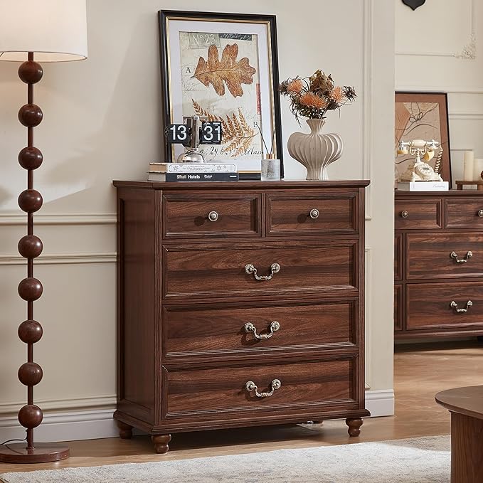 Farmhouse 5 Drawer Dresser Set of 2 for Bedroom, 35" Tall Rustic Chests of Drawers w/ 4 Solid Wood Feet, Mid Century Vintage Wooden Closet Storage Dressers Organizer for Living Room,Brown