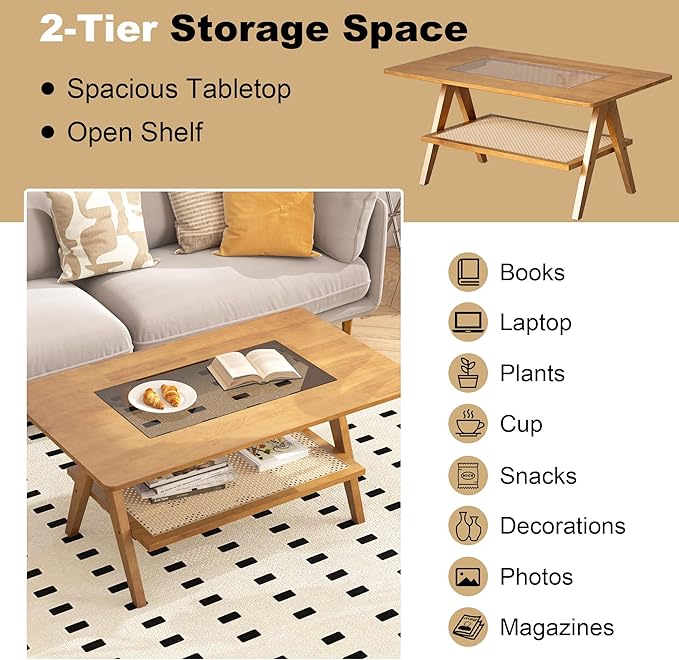 Mid Century Modern Coffee Table with Glass Top and Rattan Storage Shelf, Rectangular Natural Wooden Coffee Table, Unique Center Tables for Living Room Apartment Home, 39.4 Inch