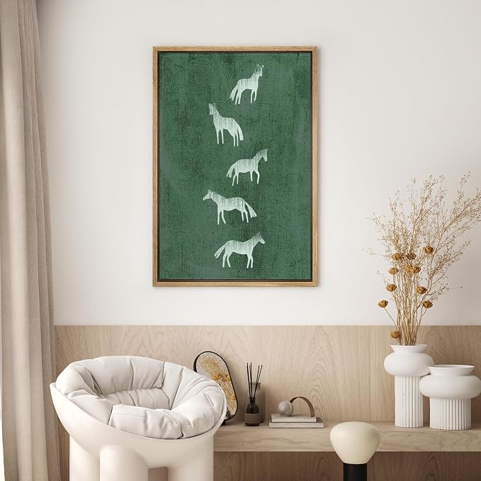 SIGNWIN Framed Canvas Print Wall Art Preppy Room Decor White Silhouette Horse Stallions Grazing Nature Wilderness Drawings Boho Animals Colorful for Living Room, Bedroom, Office - 16"x24" Natural