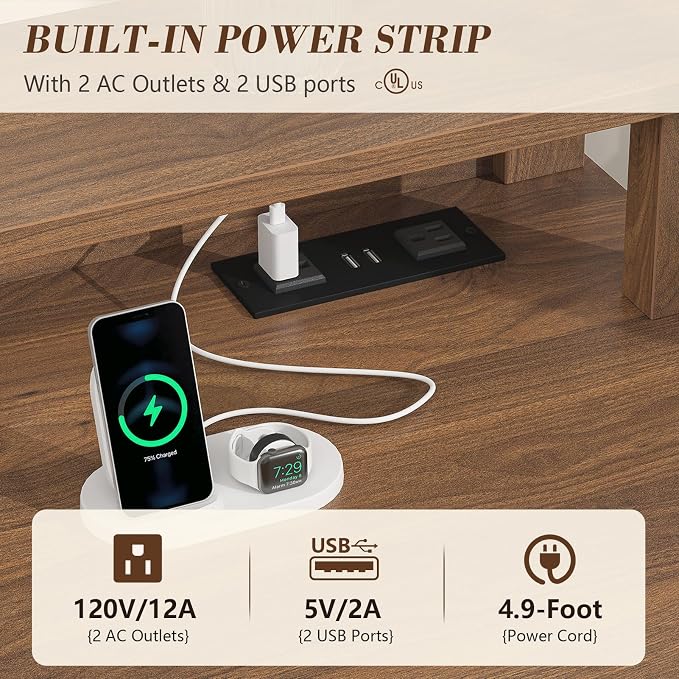 YOMILUVE Farmhouse Executive Desk with Drawers, 47" Computer Desk with Power Outlets, Home Office Desk with Monitor Stand & 4 Drawers, Small Desk Writing Study Table, Brown