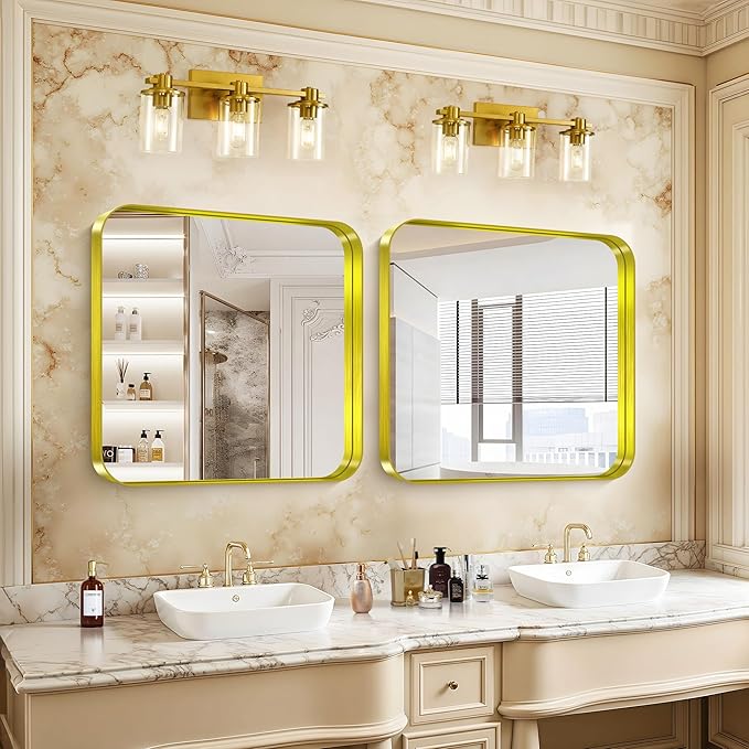 CIRCUMI Gold Bathroom Mirror, 30"x30" Rectangular Mirror with Deep Metal Frame, Rounded Corner, Tempered Glass, Square Mirror for Wall, Oversink, Bedroom, Living Room, Vanity, Entryway, Crystal-Clear