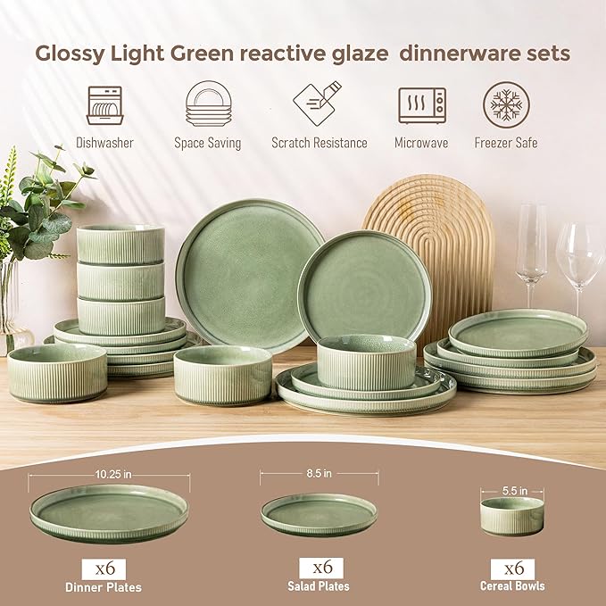 GBHOME 18-Piece Stoneware Dinnerware Set for 6 – Ribbed Ceramic Plates and Bowls, Scratch-Resistant, Microwave & Dishwasher Safe, Reactive Glaze, Light Green