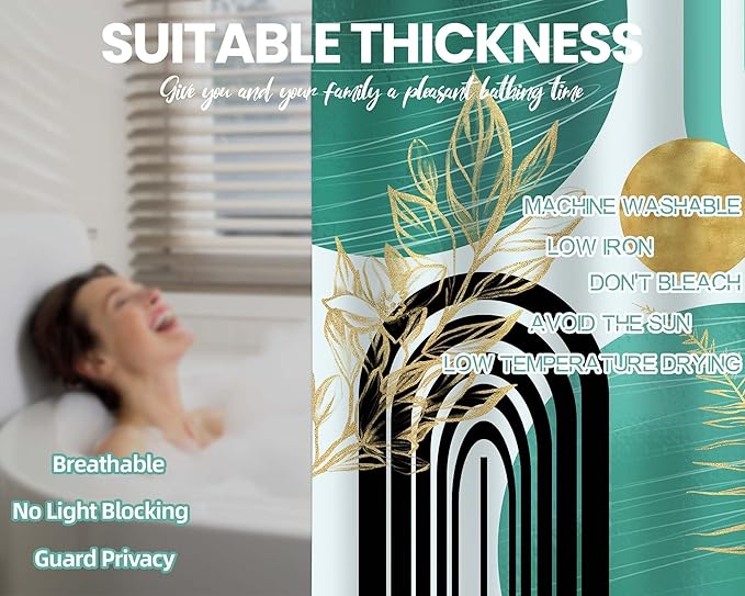 Teal Blue and Gold Shower Curtain Boho Mid Century Turquoise and Aqua and Black Shower Curtains for Bathroom Decor, Waterproof Cloth Fabric with Hooks, 70" W x 72" L