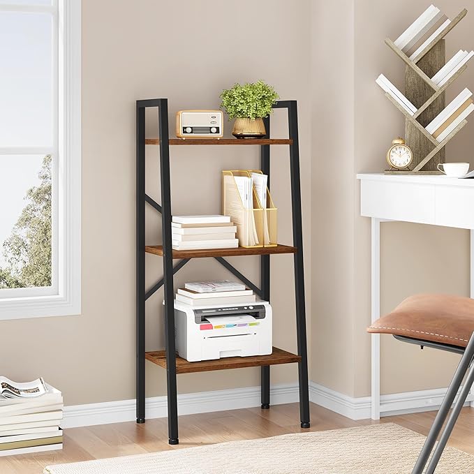 Hoctieon 3-Tier Industrial Ladder Bookshelf, Narrow Ladder Shelf, Tall Standing Bookshelf, Skinny Open Ladder Shelf, for Living Room, Home Office, Kitchen, Bedroom, Metal Frame, Rustic Brown