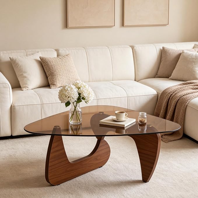 43.3'' Modern Brown Glass Coffee Table with Geometry Base, Irregular Shape Coffee Table for Living Room Office, Brown Finish Wood Base, Mid-Century Style Cocktail Center Table for Small Space