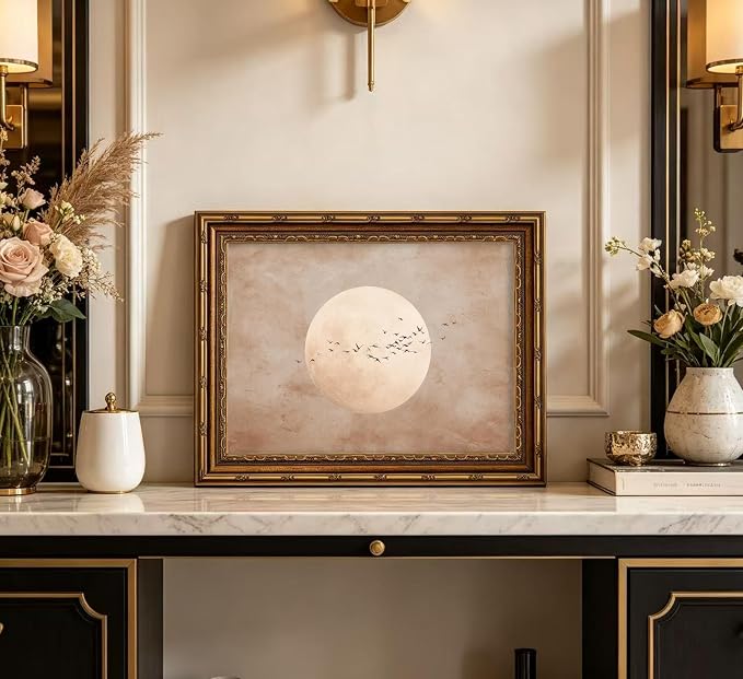 Vintage Gold Framed Minimalist Moon and Birds in Flight Wall Art, Neutral Beige Sky Painting Canvas Prints, Boho Nature Poster Artwork for Modern Living Room Bedroom Office Wall Decor，16x24in