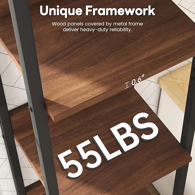 Ladder Shelf, 5 Tier Ladder Shelf, 13.5” Wide Tower Storage Shelf for Books, Anti Tip Feature, Steel Frame, Perfect for Bookshelf, Plants, Kitchen, Living Room, Office, Walnut