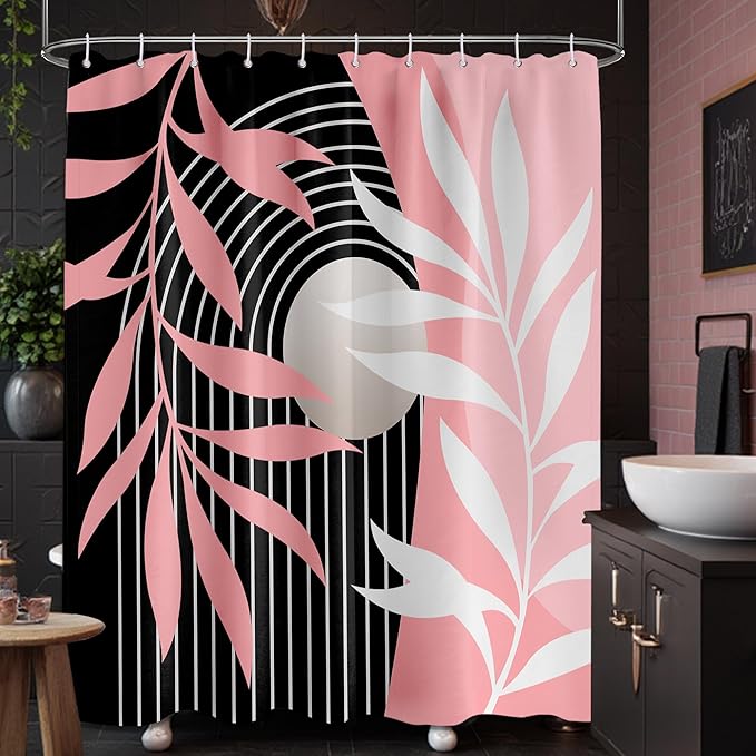 Pink Shower Curtain Boho Mid Century Pink and Black Shower Curtains for Bathroom Decor, Waterproof Cloth Fabric with Hooks, 60" W x 72" L (Pack of 1)