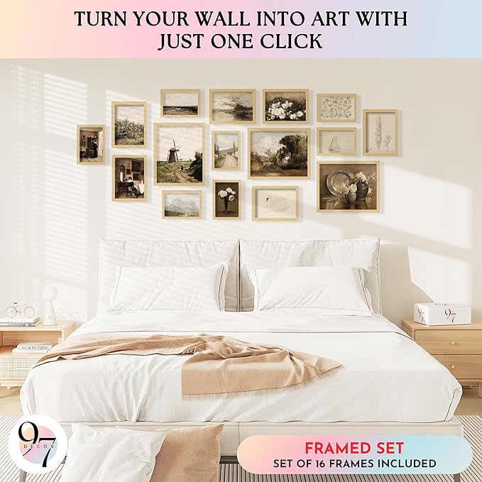 97 Decor Vintage 16PCS FRAMED Wall Art - Framed Vintage Wall Art Prints, Vintage Posters For Room Aesthetic, Lanscape Prints For Wall Decor, Moody Gallery Wall Pictures Botanical Paintings For Home Bedroom (BEIGE FRAME)