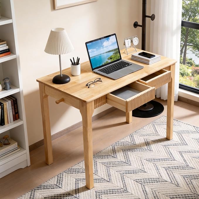 100% Solid Wood Desk with Drawers, Small Home Office Writing Wooden Desk, Vintage Wood Desk for Small Spaces, Bedroom, Work Study Computer Table with Fluted Design and Hooks (Natural)