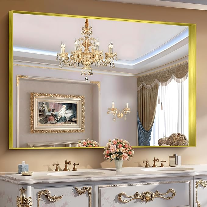 CIRCUMI Gold Bathroom Mirror, 40"x60" Rectangular Mirror with Deep Metal Frame, Brushed Finish, Tempered Glass, Large Mirror for Wall, Over 2 Sinks, Installed Vertically/Horizontally, Crystal-Clear
