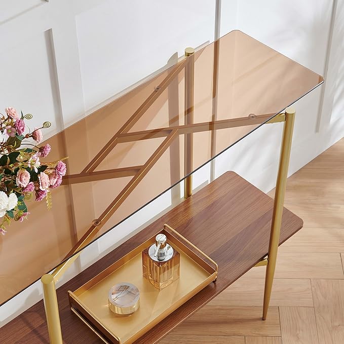 Rectangle Glass Console Table, Mid-Century Modern Design, L41*W14*H32 inch, for Living Room, Amber Glass Top and Walnut Finish Wood Shelf, Conical Metal Legs with Gold Finish