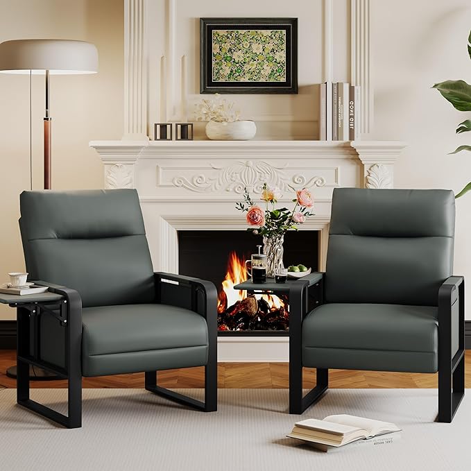 Upholstered Living Room Chair Armchair Set of 2, Mid Century Faux Leather Metal Accent Chair, Reception Couch Slipper Club Lounge Chair Guest Comfy Single Sofa with Sidetable-Dark Grey