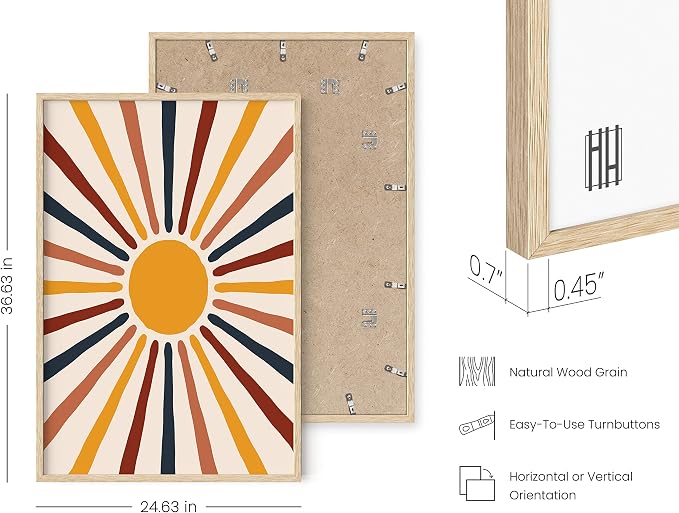 HAUS AND HUES Mid Century Sun Poster - Mid Century Modern Art Print, Boho Picture for Wall, Centered Yellow Sun (Framed Beige 24x36)