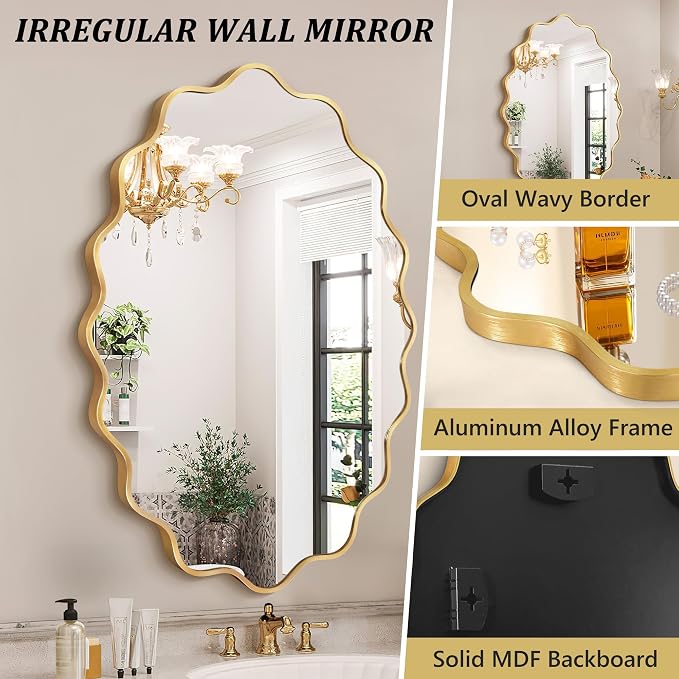 Oval Wavy Wall Mirror -Irregular Wall Mirror with Gold Asymmetrical Aluminum Alloy Frame,22"x30" Decorative Wall Mirrors for Bathroom, Bedroom, Living Room, Dining Room，Entryway