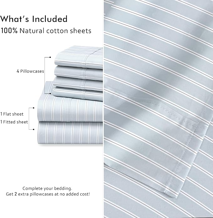RUVANTI 100% Cotton Percale Sheets Full Size 6 Piece Set, Cooling Bed Sheets for Hot Sleepers, Deep Pocket 16”, Breathable Lightweight & Durable, Crisp Hotel Style Sheets, Horizon Stripes