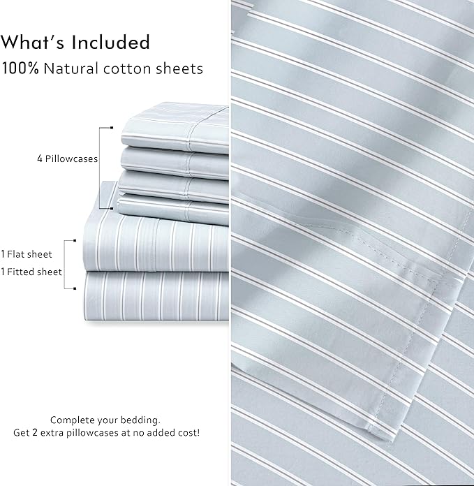 RUVANTI 100% Cotton Percale Sheets California King Size 6 Piece Set, Cooling Bed Sheets for Hot Sleepers, Deep Pocket 14”, Breathable Lightweight & Durable, Crisp Hotel Style Sheets, Horizon Stripes