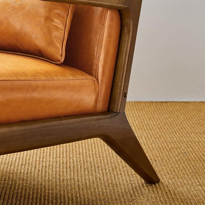 Glitzhome 2 Set Mid Century Yellowish Brown Accent Armchair, Single Reading Armchair PU Leather Lounge Chair with Walnut Ruberwood Frame