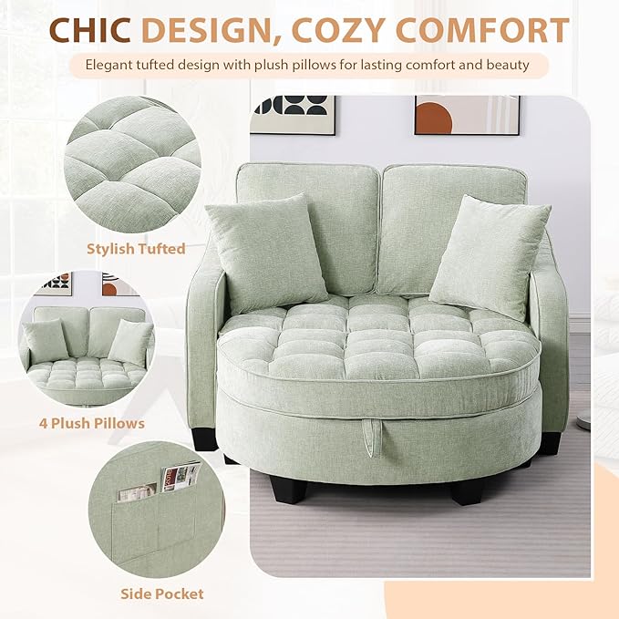 Oversized Curved Chaise Lounge Chair Indoor with Ottoman, 54.8" Cloud Boneless Reading Chair Soft Chenille Circle Couch w/Adjustable Backrest for Living Room, Apartroom, Bedroom, Cyan