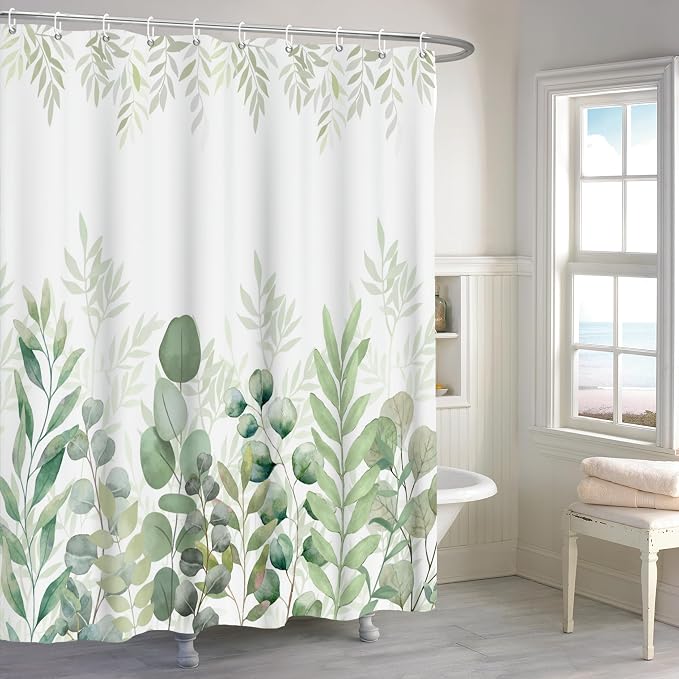 Green Eucalyptus Extra Long Shower Curtain, Leaf Plant Herbs Spring Nature Waterproof Fabric Machine Washable with Hooks for Bathroom Bathtub Decor 72Wx78H