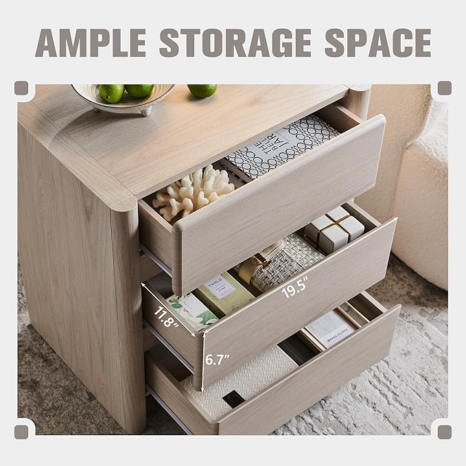 25" Tall Modern Nightstand with Charging Station, 23.6" W Nightstand with 3 Storage Drawers & Open Shelf, Wood Night Stand w/Rounded Corner Design for Bedroom, Living Room (Cream)