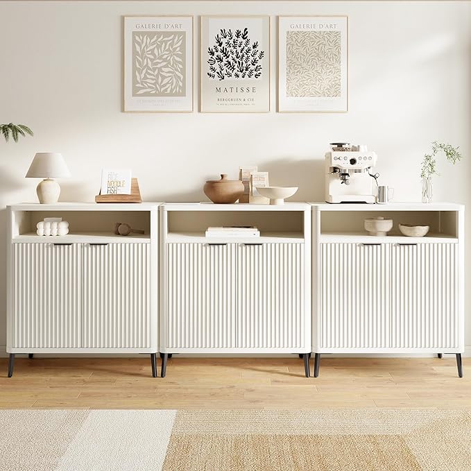 Buffet Sideboard Cabinet with Storage Set of 2, Fluted Coffee Bar with 2 Doors and Adjustable Shelves, 34'' Modern Wood Cabinet for Dinning Room, Kitchen, Living Room,Coffee Bar (White)