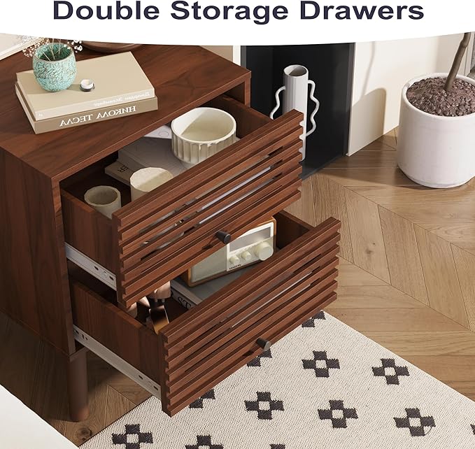 Nightstand Set of 2, Side Table, End Table, Mid Century Modern Nightstand with Hollowed Drawers, Bedside Tables, Small Nightstands with Storage for Bedroom, Walnut