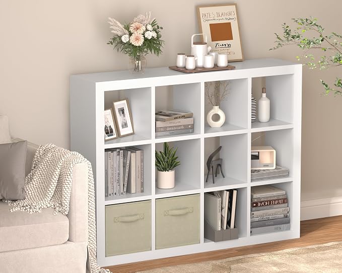 furtble 12-Cube Storage Organizer, Modern White Bookcase for Bedroom, Multifunctional Display Cube Bookshelf for Living Room, Bedroom, Home Office