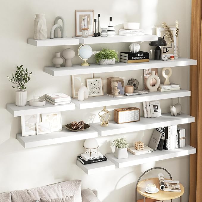 16 Inch Floating Shelves for Wall Set of 2, 12"D Wood Grain Bathroom Shelves with Invisible Brackets, Easy Install Engineered Wood Storage Shelves for Kitchen, Living Room, Bedroom, White Finish