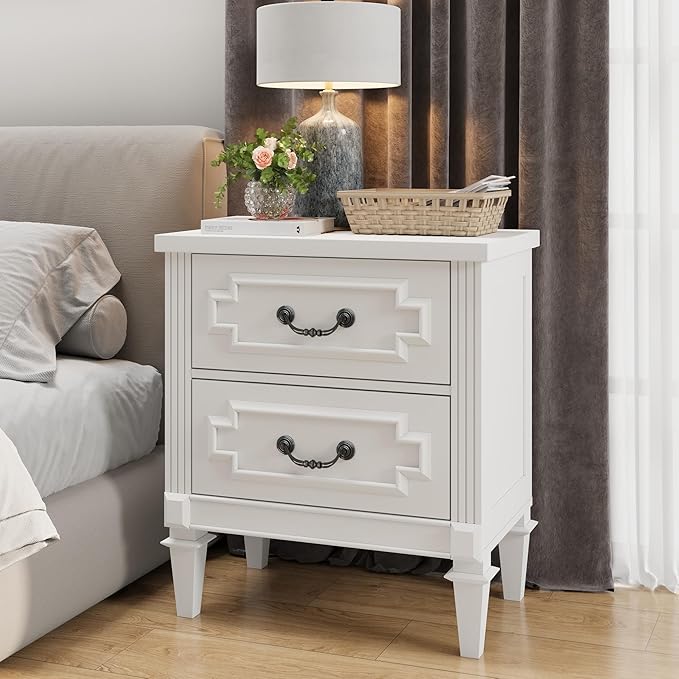 Farmhouse Nightstand wtih Vintage Surface, 30" End Table, Side Table with 2 Drawers Storage Cabinet for Bedroom, Living Room, White