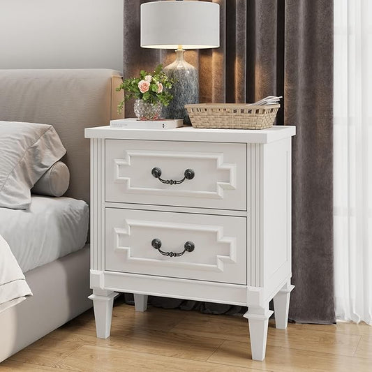 Farmhouse Nightstand wtih Vintage Surface, 30" End Table, Side Table with 2 Drawers Storage Cabinet for Bedroom, Living Room, White