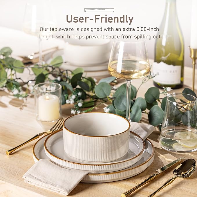 GBHOME 18-Piece Stoneware Dinnerware Set for 6 – Ribbed Ceramic Plates and Bowls, Scratch-Resistant, Microwave & Dishwasher Safe, Reactive Glaze, White with Honey-Brown Edge