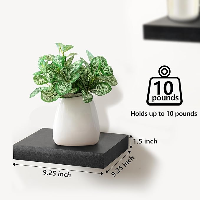 Sorbus 9X9 Inch Floating Shelves for Wall – Square Floating Shelf with Invisible Mounting Bracket for Kitchen, Bedroom, Living Room & Bathroom Decor – Rustic Showcase Wall Shelf (Black, 4 Pack)