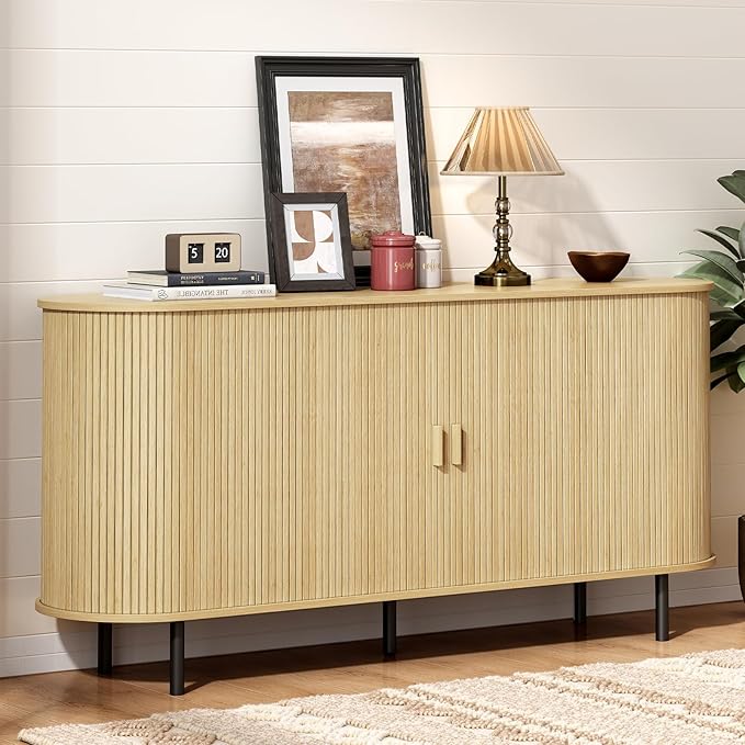 ONBRILL 63" Sideboard Buffet Cabinet with Storage, Storage Cabinet with Sliding Door & Adjustable Shelf, Modern Accent Coffee Bar Console Table for Kitchen, Entryway, Oak