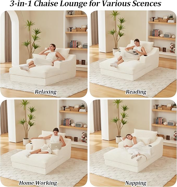 67" Oversized Chaise Lounge Chair Indoor, Corduroy Boneless Chaise Lounge with Cup Holders, 2 Side Pockets & 3 Soft Pillows, Deep Seat Sleeper Couch Reading Chair for Living Room Bedroom- Beige | Breathable material