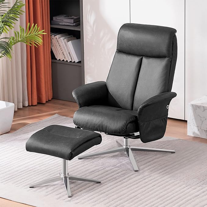 MCombo Swivel Recliner with Ottoman, Modern Heavy-Duty Aluminum Base, Faux Leather Lounge Chair for Small Space, Living Room, or Office 4603 (Dark Grey)