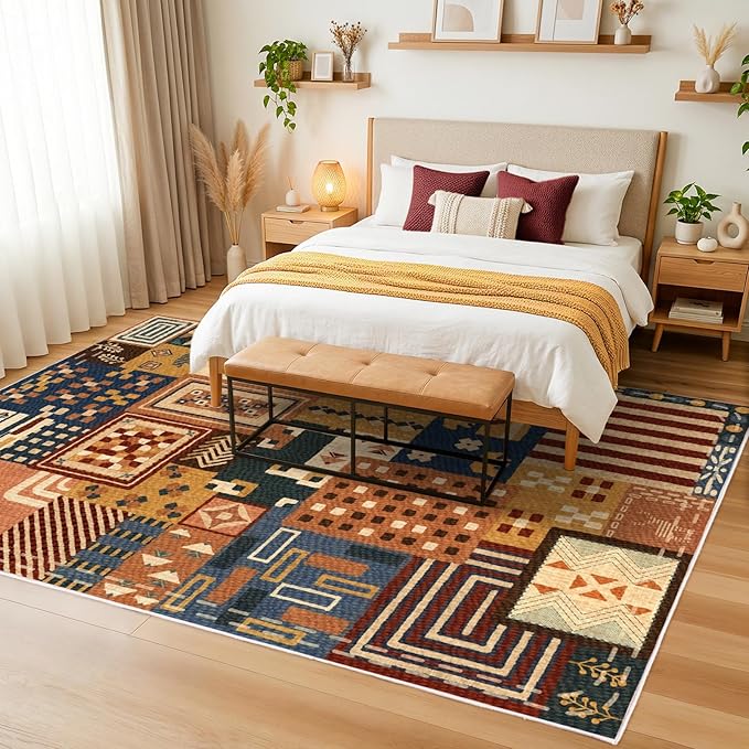 Southwestern Area Rugs for Living Room, 4x6 Boho Tribal Geometric Patchwork Colorful Carpet, Washable Non Slip Low Pile Indoor Rug for Bedroom Dining Room Office Home Hardwood Floor