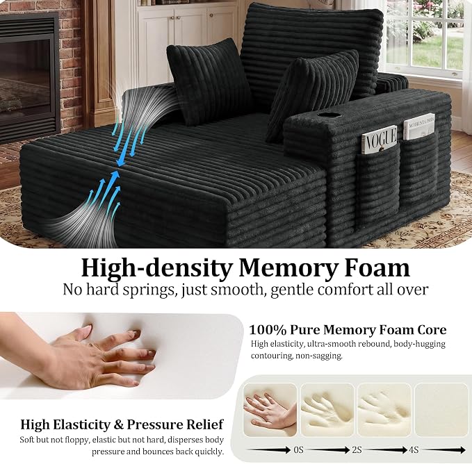 85" Oversized Chaise Lounge Chair Convertible 2-in-1 Boneless Sleeper Couch Bed Indoor Comfy Cloud Corduroy Reading Armchair sofa with Storage Pockets&Cup Holders for Bedroom,Living Room,Gray