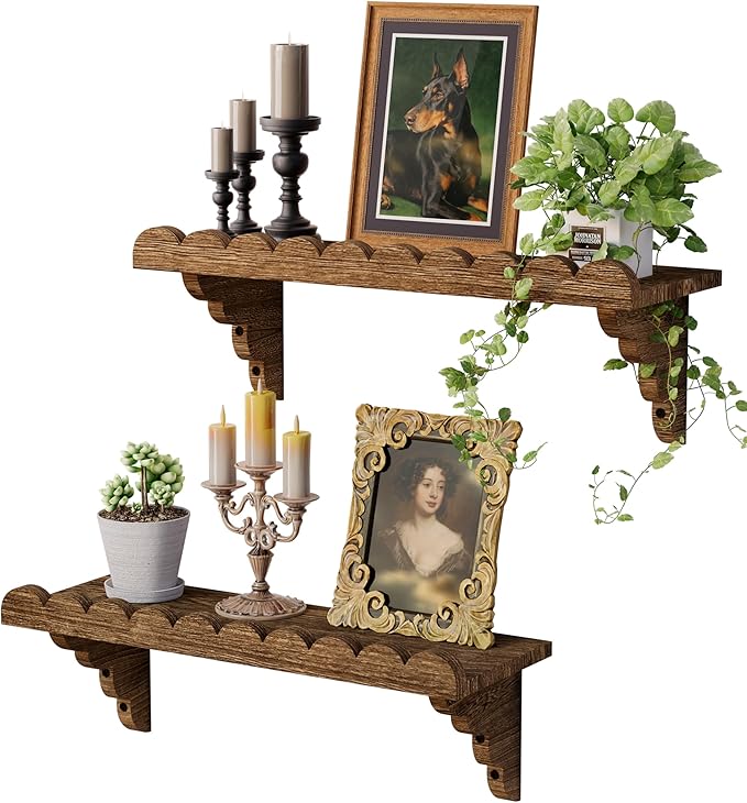Scalloped Wood Wall Shelf – 17 Inch Floating Shelf with Wood Brackets, Easy to Install Rustic Wall Shelf for Living Room, Bedroom, Bathroom, or Any Space