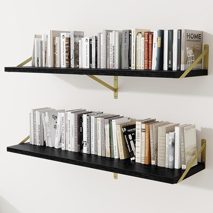 Deep Wall Shelves 48"W x 12"D Engineered Wood Floating Shelves for Wall, Sturdy Metal Bracket(Gold) Bookshelves Home Decor Storage for Living Room Bedroom Bathroom Kitchen, Set of 2, Black Finish