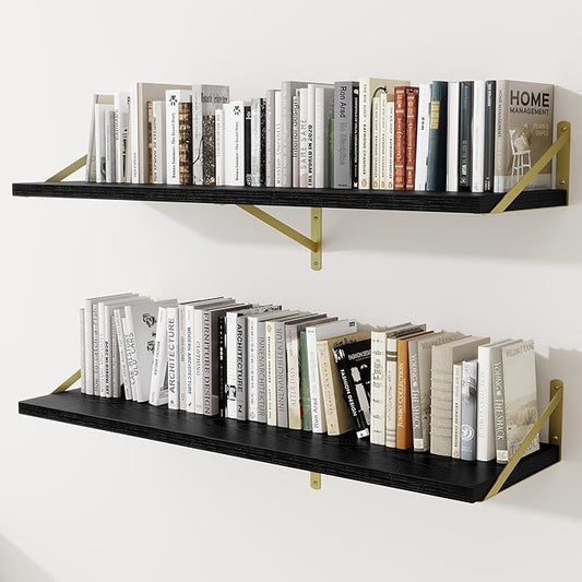 Deep Wall Shelves 48"W x 12"D Engineered Wood Floating Shelves for Wall, Sturdy Metal Bracket(Gold) Bookshelves Home Decor Storage for Living Room Bedroom Bathroom Kitchen, Set of 2, Black Finish