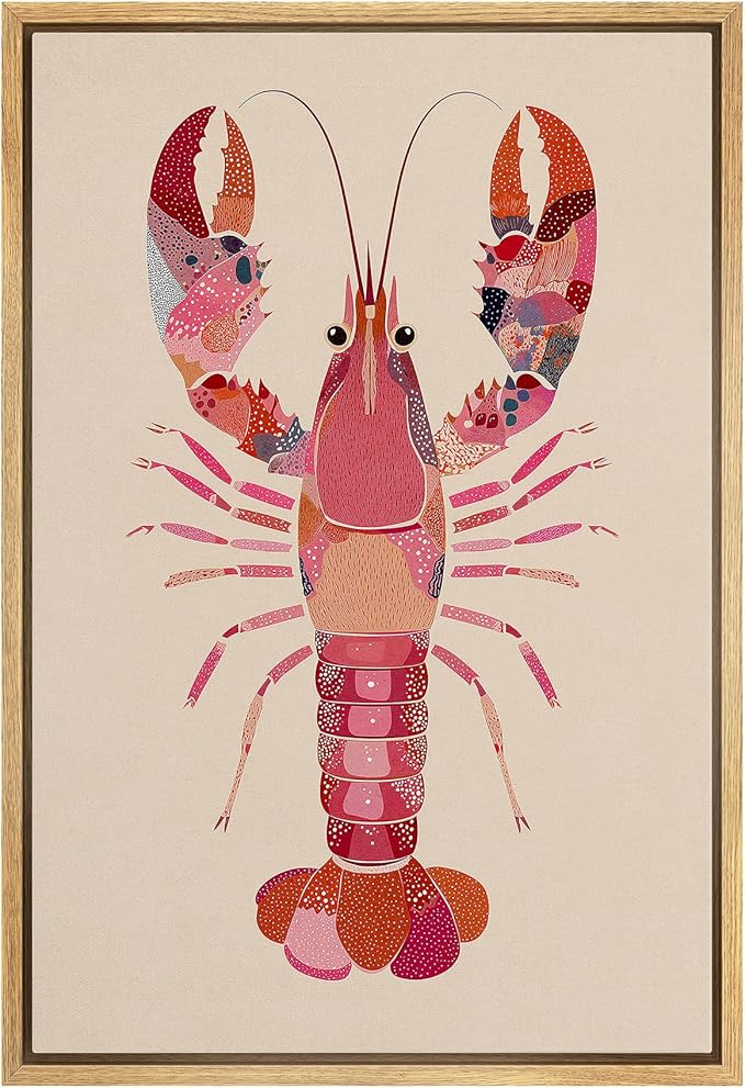 MUDECOR Framed Canvas Print Wall Art Pink Pattern Lobster Coastal Marine Animal Illustrations Minimalism Decorative Bohemian Colorful Zen for Living Room, Bedroom, Office - 16"x24" NATURAL