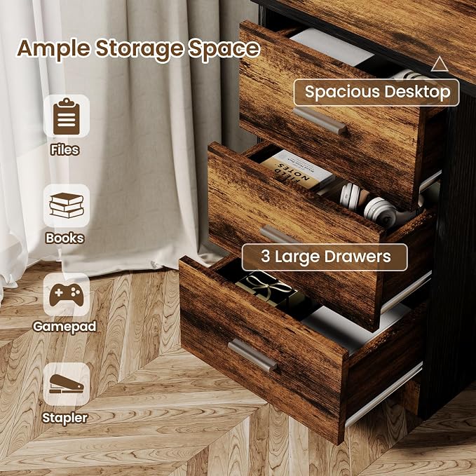 MaverickFurni Small Computer Desk with Drawers, 47 Inch Home Office Desk with 3 Drawers & Bottom Shelves, Study Desk with Storage for Bedroom, Writing and Work, Black and Brown