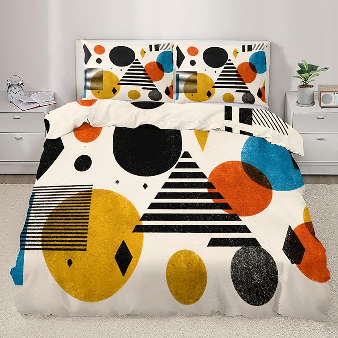Mid Century Abstract Duvet Cover Full Size, Vintage Geometric Bedding Set 3 Piece, Abstract Minimalist Modern Patterned Comforter Cover with Zipper Soft Microfiber, 2 Pillowcases