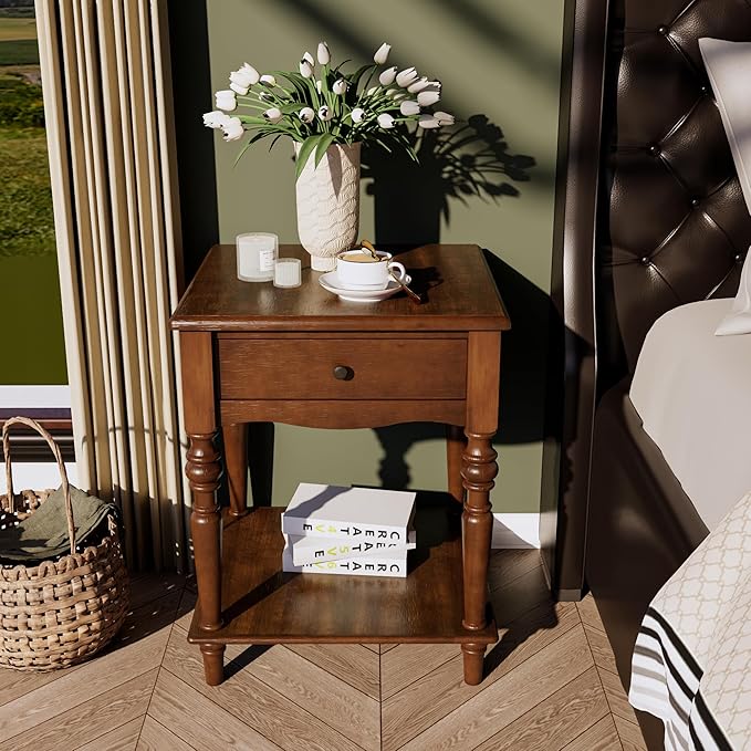2-Set Solid Wood End Table with Drawer and Storage Shelf, Antique Designed Beside Table with Solid Wood Roman Legs, Square Accent Tables with Hand Carved for Living Room, Bedroom Cherry Brown