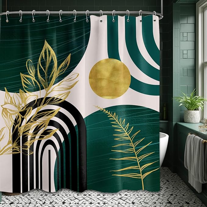 Dark Green Shower Curtain Boho Mid Century Modern Emerald Hunter Green and Gold Shower Curtains for Bathroom Decor, Waterproof Cloth Fabric with Hooks, 70" W x 72" L
