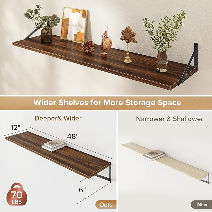 Deep Floating Shelves Wall Mounted, 48"x12" Walnut Wall Shelves with Brackets Set of 2 for Bedroom, Living Room, Bathroom, Kitchen, Office - Storage & Display Shelf for Decor, Books, Plants